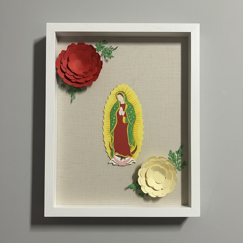 Framed Religious Art with Red and Yellow Flowers